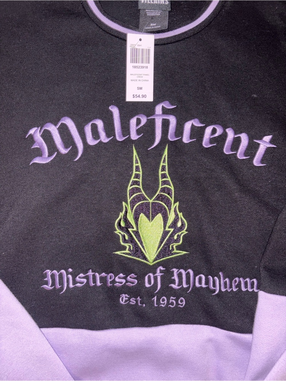 BoxLunch Maleficent graphic crewneck in black and lavender.